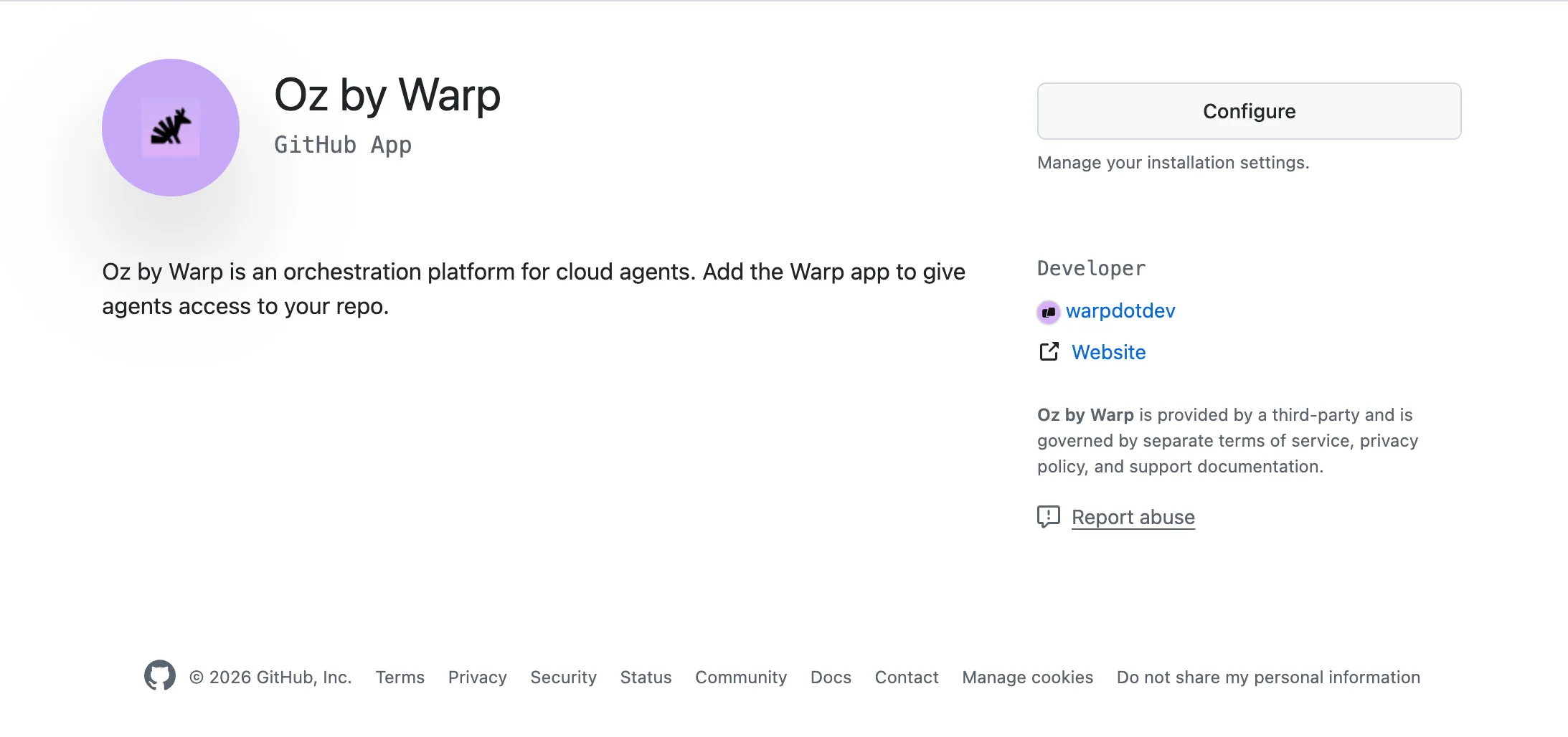 Warp Factories GitHub App installation page showing repository access options