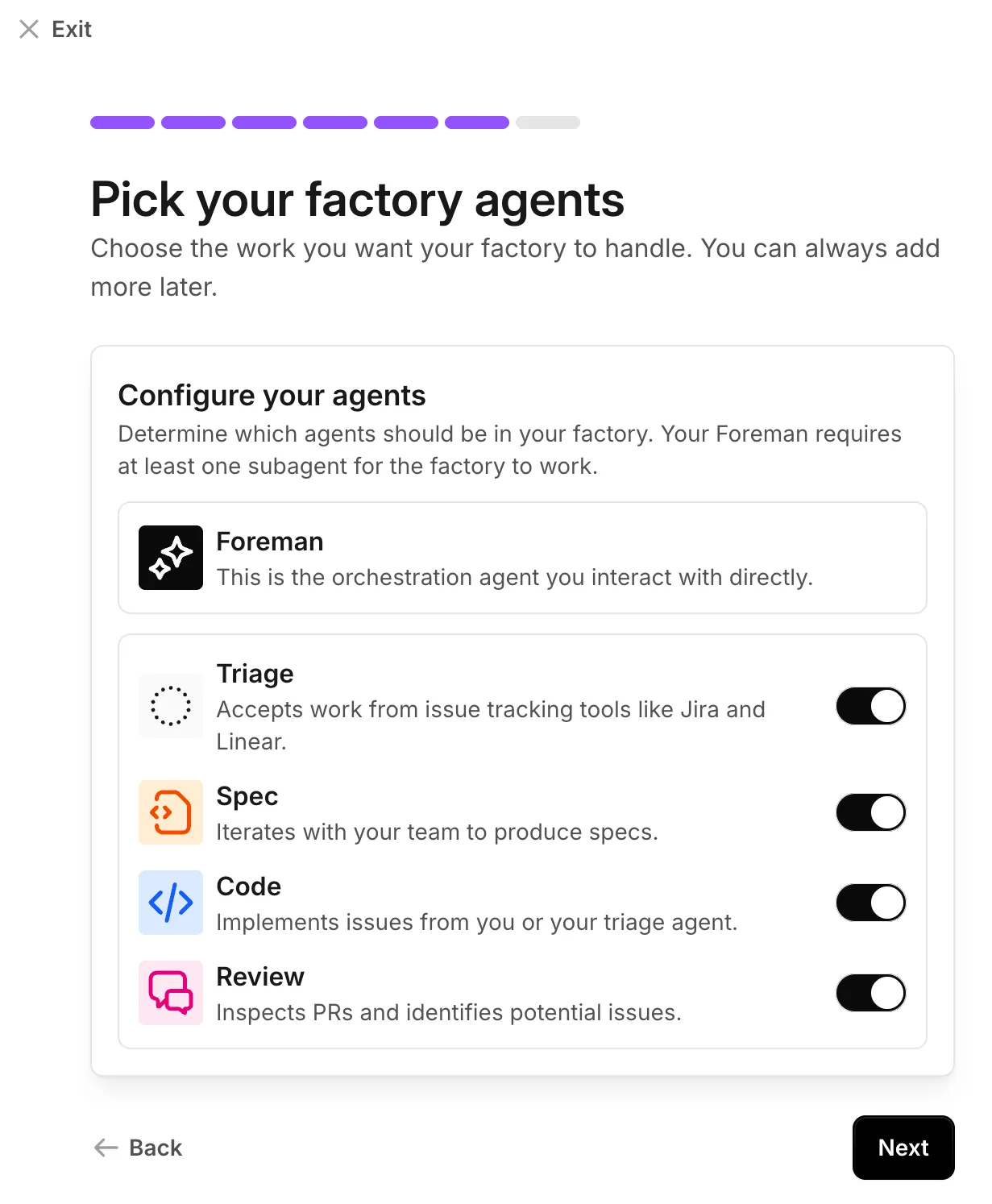 The Pick your factory agents screen, with the Foreman and all four default subagents shown as enabled.
